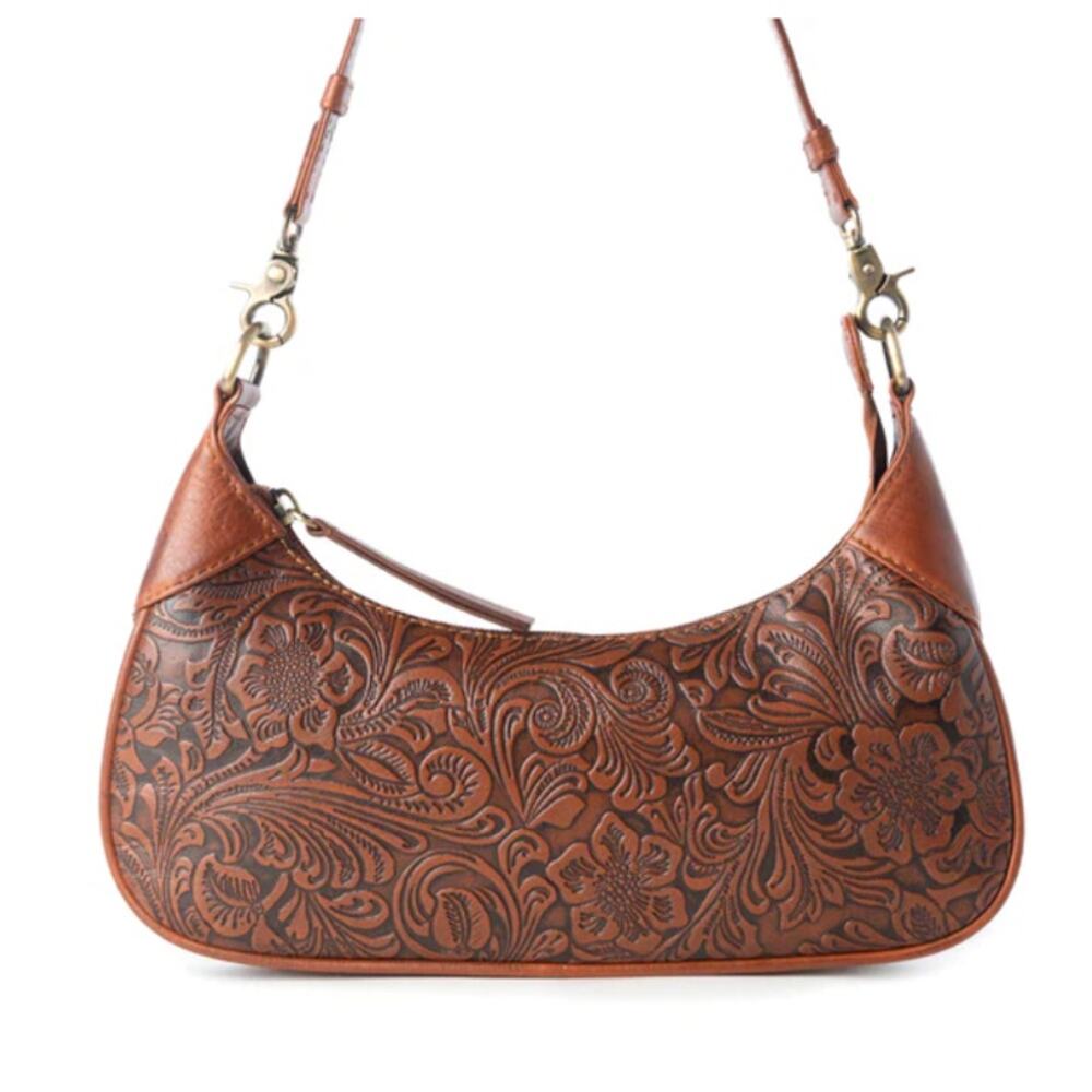 NWT Boutique Western Heritage Vine Embossed Brown Leather Mini Bag - Picture 2 of 4
